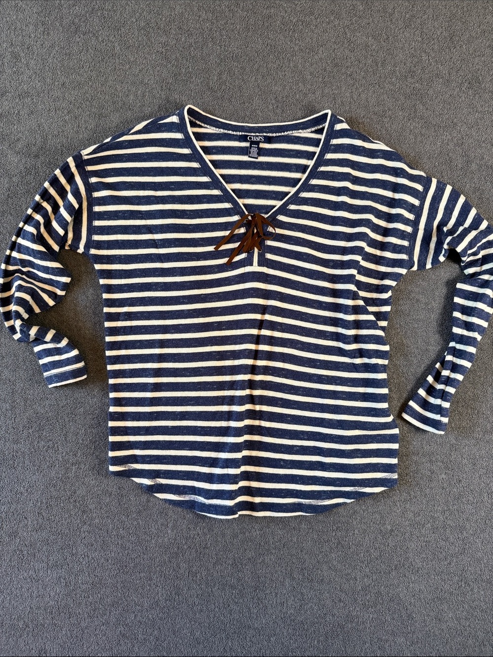 Chaps Navy & White Striped V-Neck Long Sleeve Top with Brown Tie